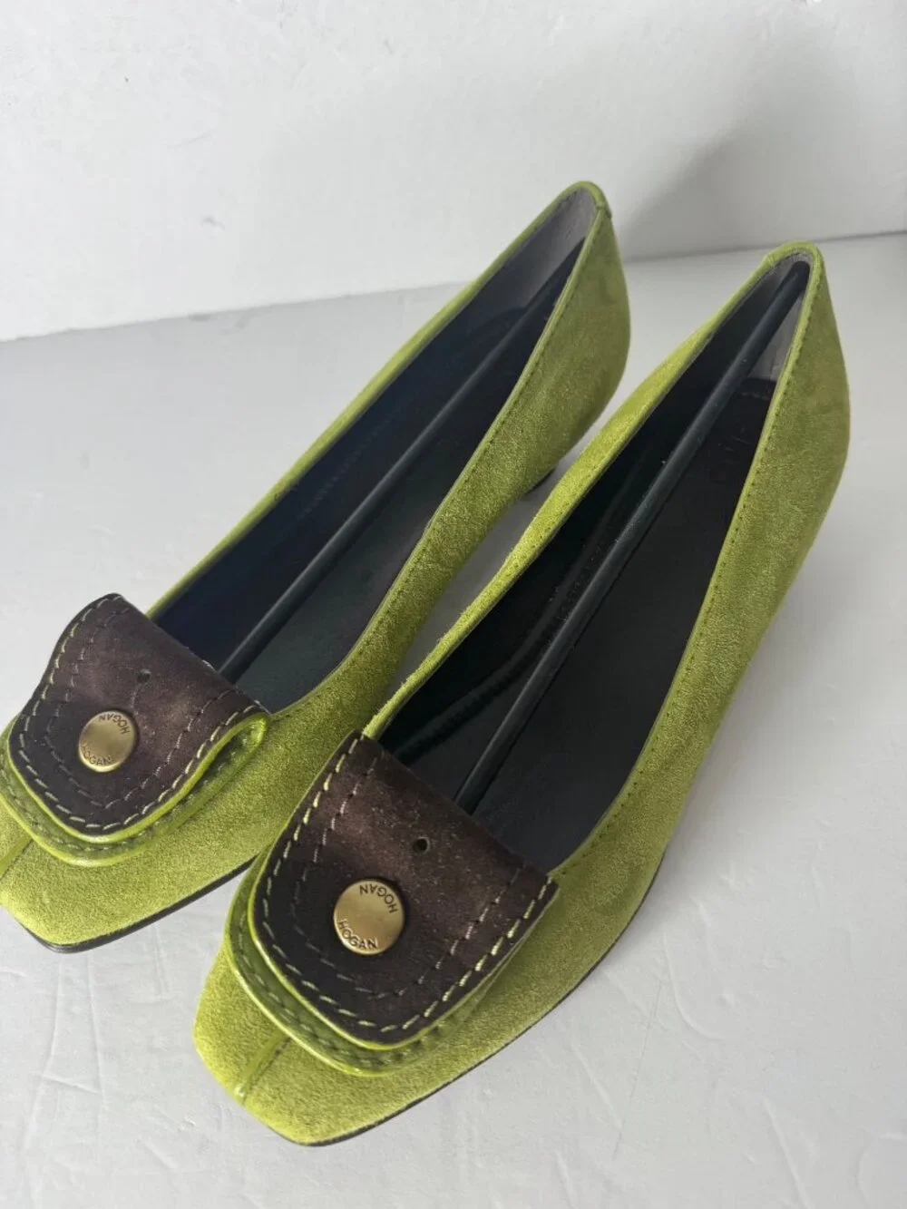 Hogan Tacco 20 Decollete Green Suede Ballerina Pumps Brown Accent EU 37.5 NIB
